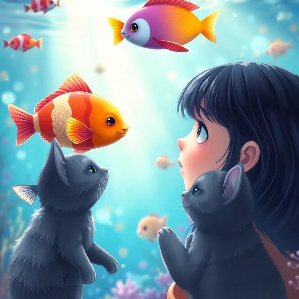 A young girl, م, with dark hair, watching a colorful fish talking to her and her gray cat ميمي, in a bright and colorful underwater scene, illustration, magical, friendly vibe, high quality