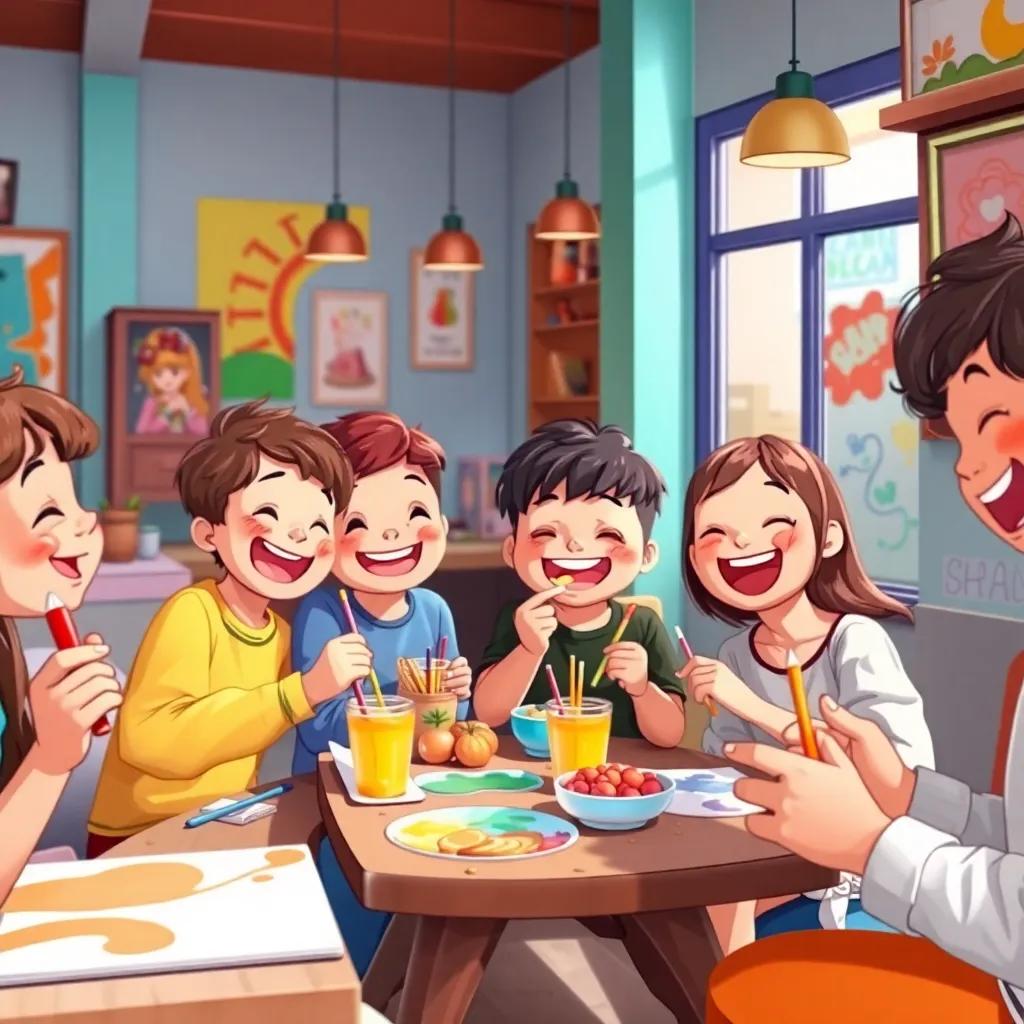 A colorful, joyful place full of happy friends playing together, painting and eating snacks, with م and ميمي smiling and playing, illustration, warm colors, cheerful atmosphere, high quality