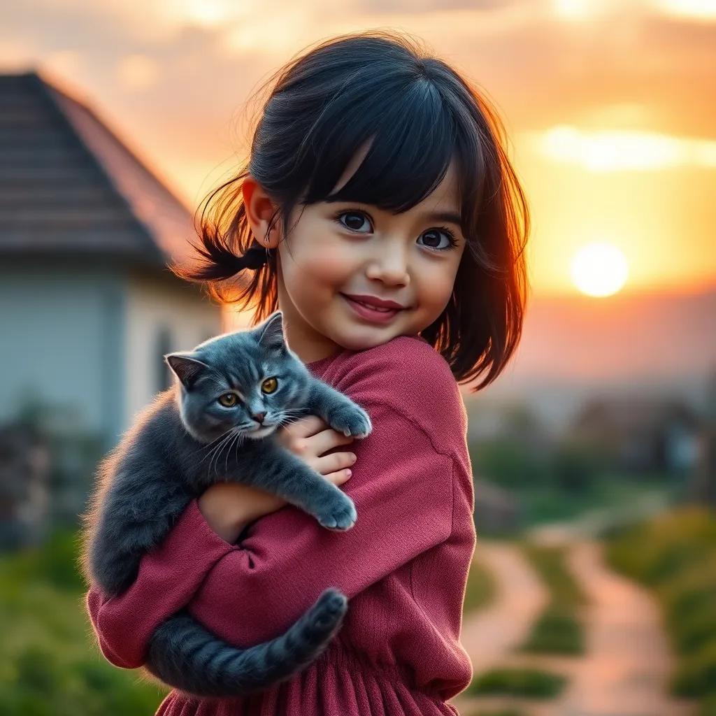 A young girl, م, with dark hair carrying her gray cat ميمي, walking back to her village as the sun sets, looking happy and content, rich warm colors, heartwarming scene, high quality