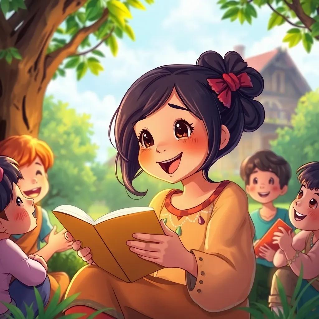 A young girl, م, with dark hair, animatedly telling stories to her friends in the village under a tree, everyone is joyful and smiling, illustration, vibrant colors, warm light, inviting atmosphere, high quality