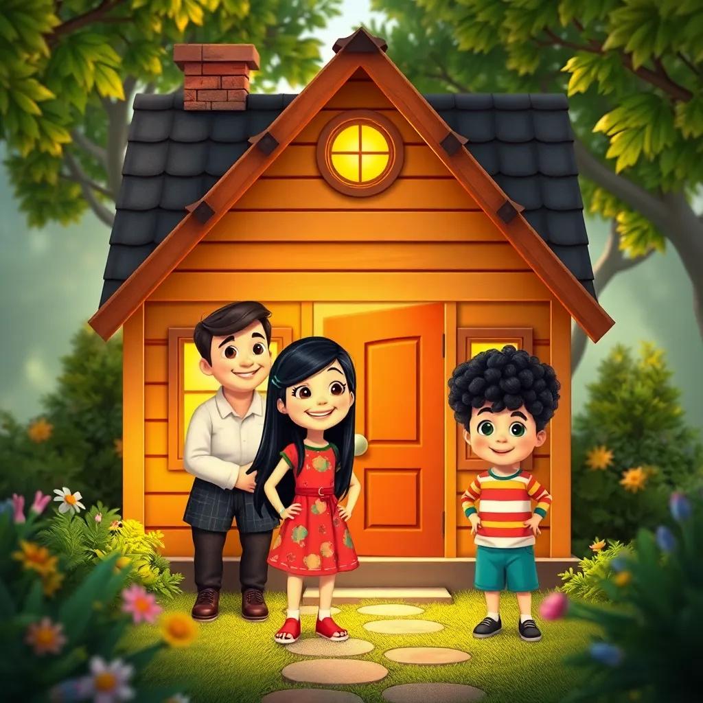 A cozy small house, warm and inviting, with a happy family consisting of a father, a mother, a smart girl named Judy with long black hair in a colorful dress, and her younger brother Anas with curly hair wearing a playful outfit, surrounded by a beautiful garden, digital art, warm colors, cheerful atmosphere, high quality
