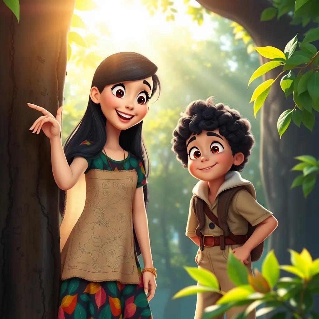 Judy, a smart girl with long black hair in a colorful dress, pointing excitedly at an old treasure map on a tree, while her younger brother Anas with curly hair in a playful outfit looks on with wide eyes, bright sunlight filtering through the leaves, enchanting scene, digital painting, vibrant colors, adventure vibes, high quality