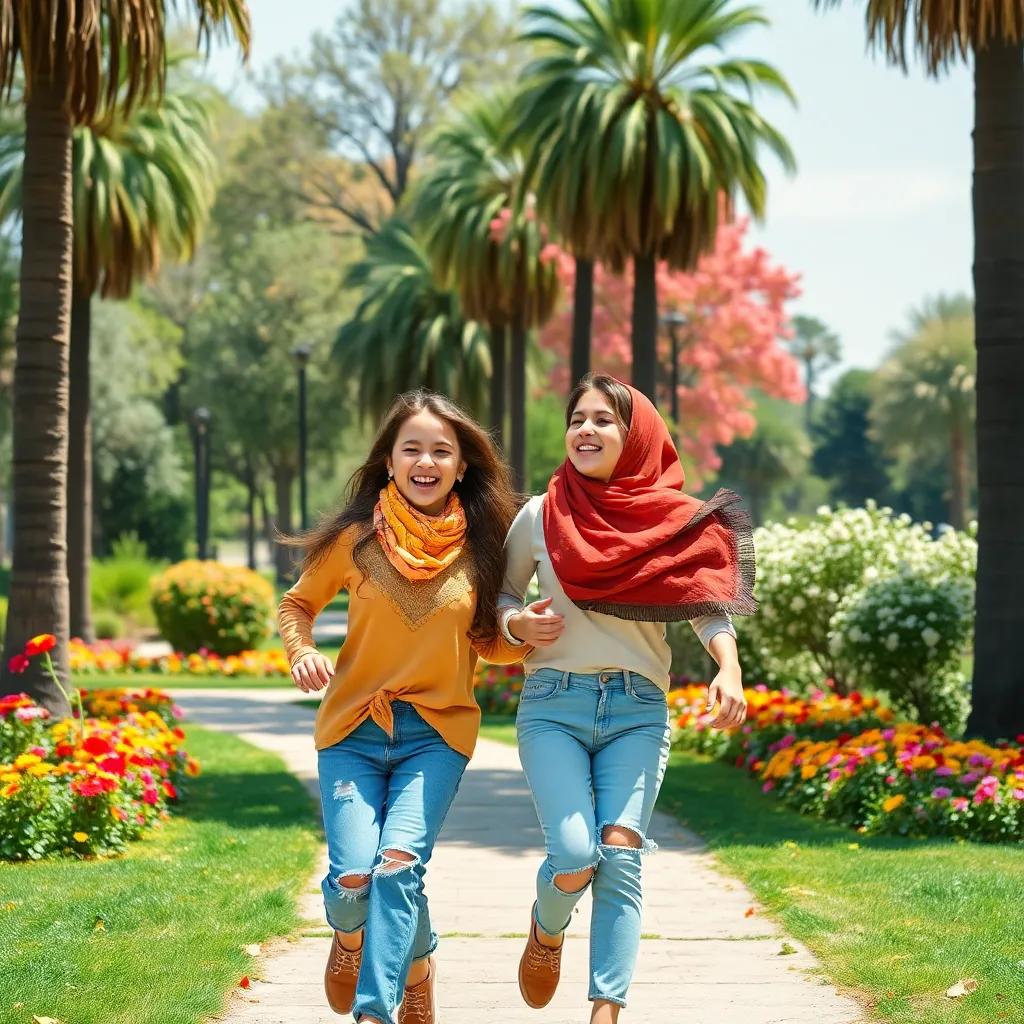 A sunny day in a vibrant park with tall trees and colorful flowers, two young Arab girls, Juri and Heba, joyous and playful, wearing casual clothes, laughing and running together, digital art, bright colors, cheerful atmosphere, high quality