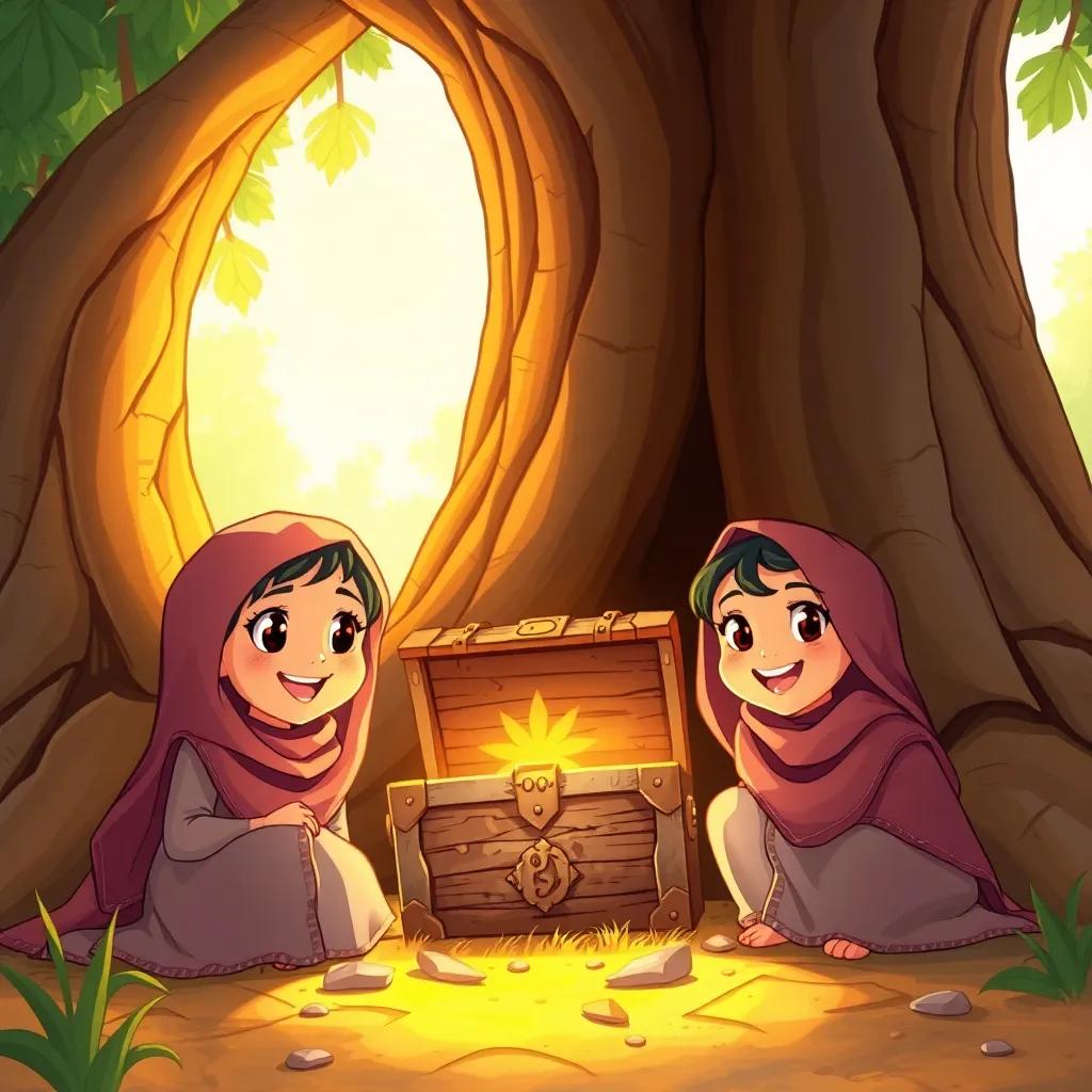 Two young Arab girls, Juri and Heba, with joyful expressions, at the base of a large tree discovering an old treasure chest shining in the sunlight, excitement in their eyes, detailed illustration, warm light, adventure-themed, colorful
