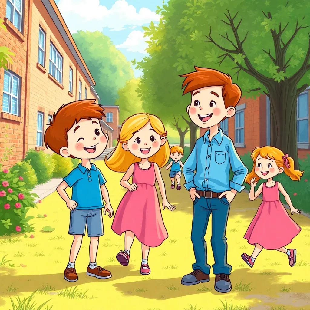 A cheerful schoolyard with children playing, John, a young boy with short brown hair wearing a blue shirt and jeans, and Lisa, a young girl with long blonde hair in a pink dress, chatting happily about their friend Suzy, warm sunlight, vibrant colors, friendly atmosphere, cheerful essence, high quality