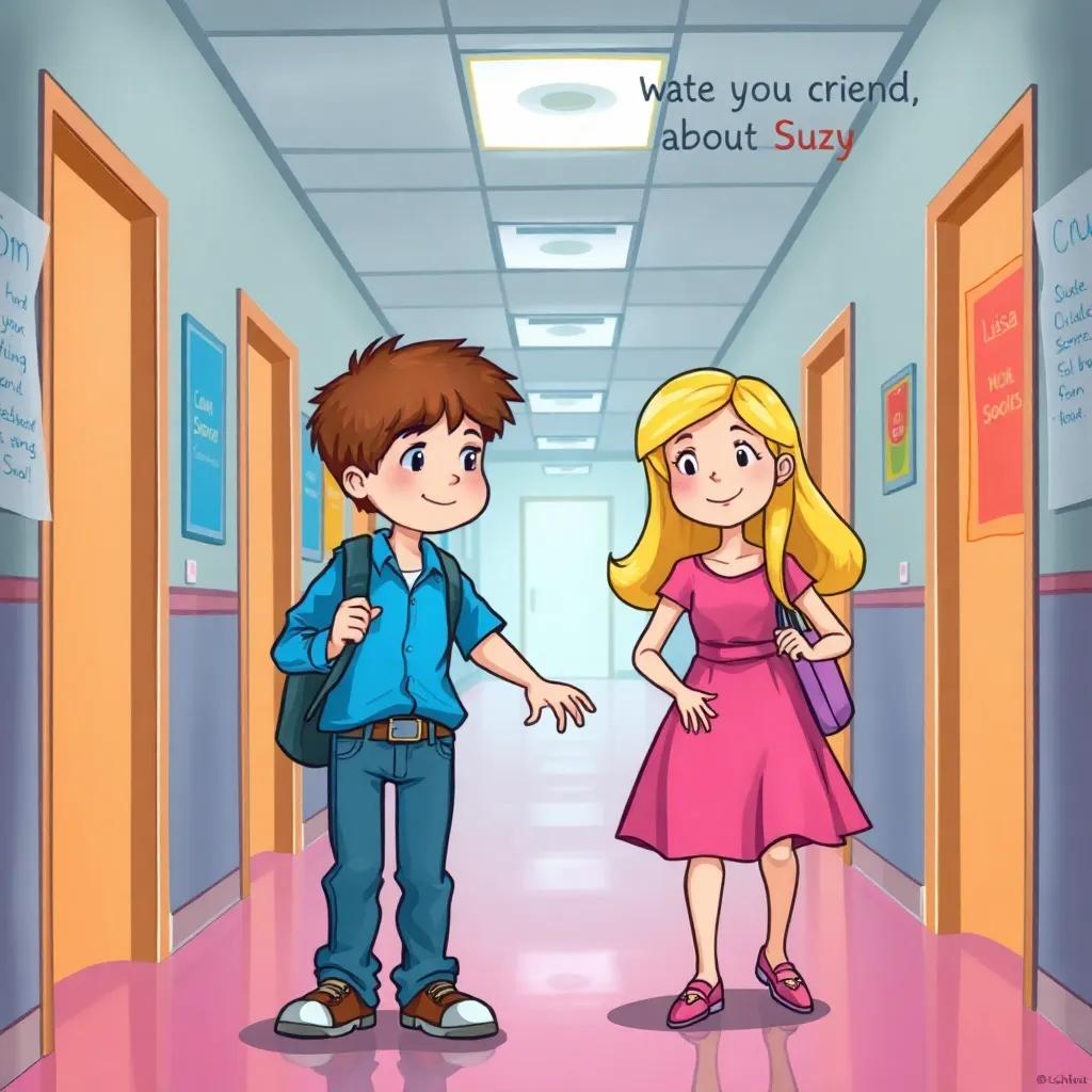 John, a young boy with short brown hair wearing a blue shirt and jeans, and Lisa, a young girl with long blonde hair in a pink dress, searching through the school corridors, asking friends about Suzy, engaging ambiance, colorful, lively, inviting background, high quality