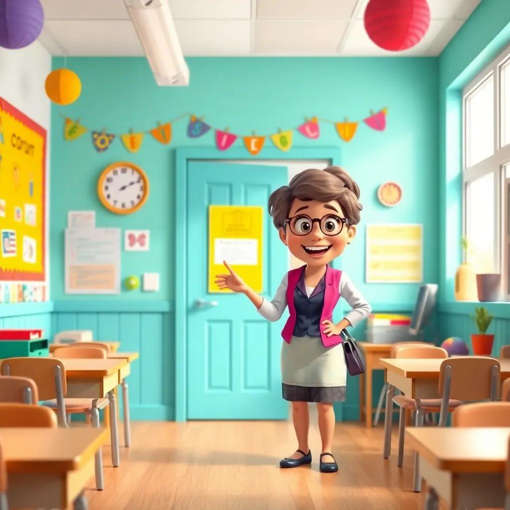 A cheerful classroom with colorful decorations, a teacher entering the room with a big smile, digital art, bright colors, inviting atmosphere, high quality