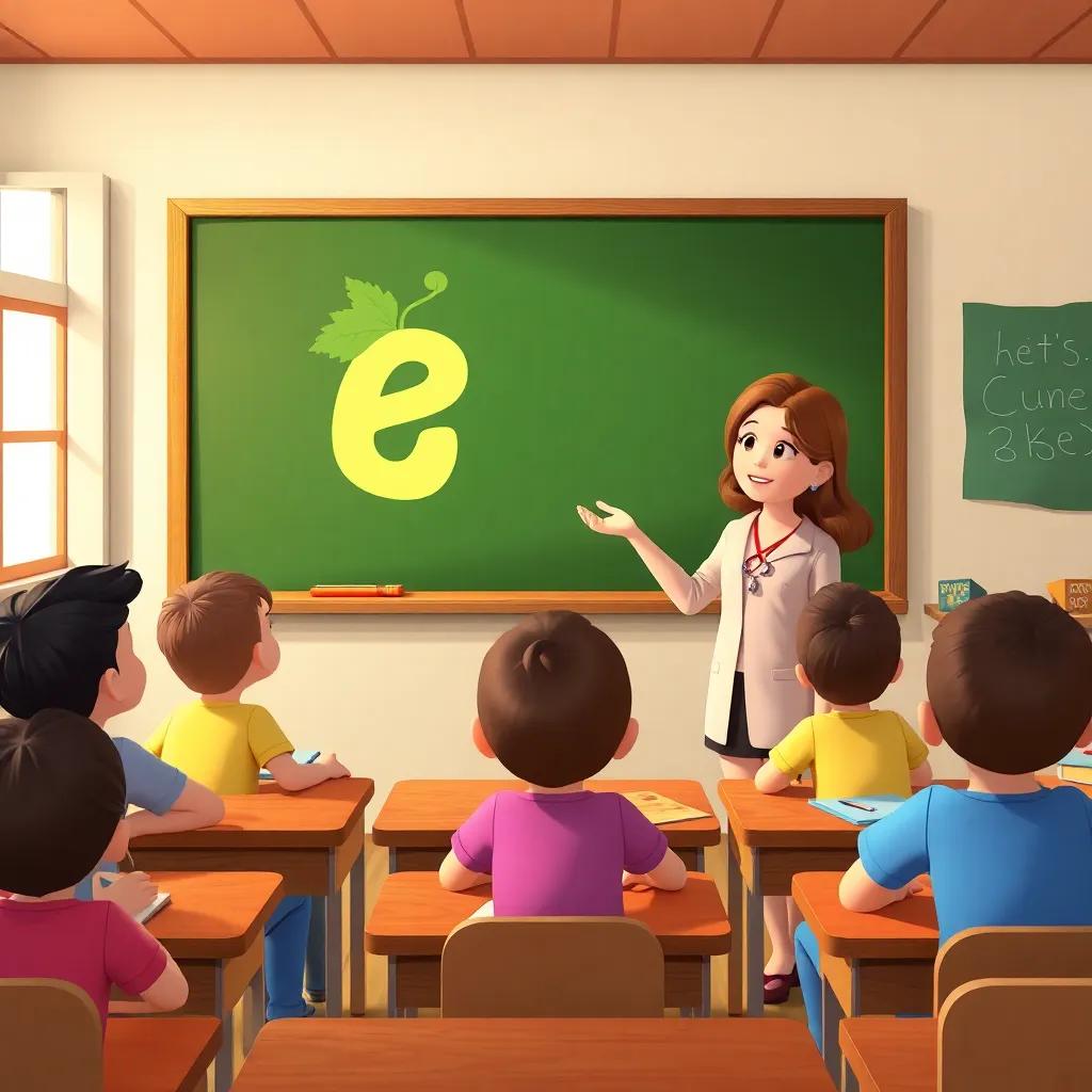 A teacher explaining the letter 'ع' on the blackboard with a picture of grapes, kids sitting at their desks, eager and excited, colorful classroom, engaging atmosphere