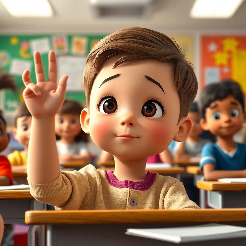 A child, looking curious and raising their hand in class, with a thoughtful expression, diverse classroom, themed decorations, sharp focus, heartwarming