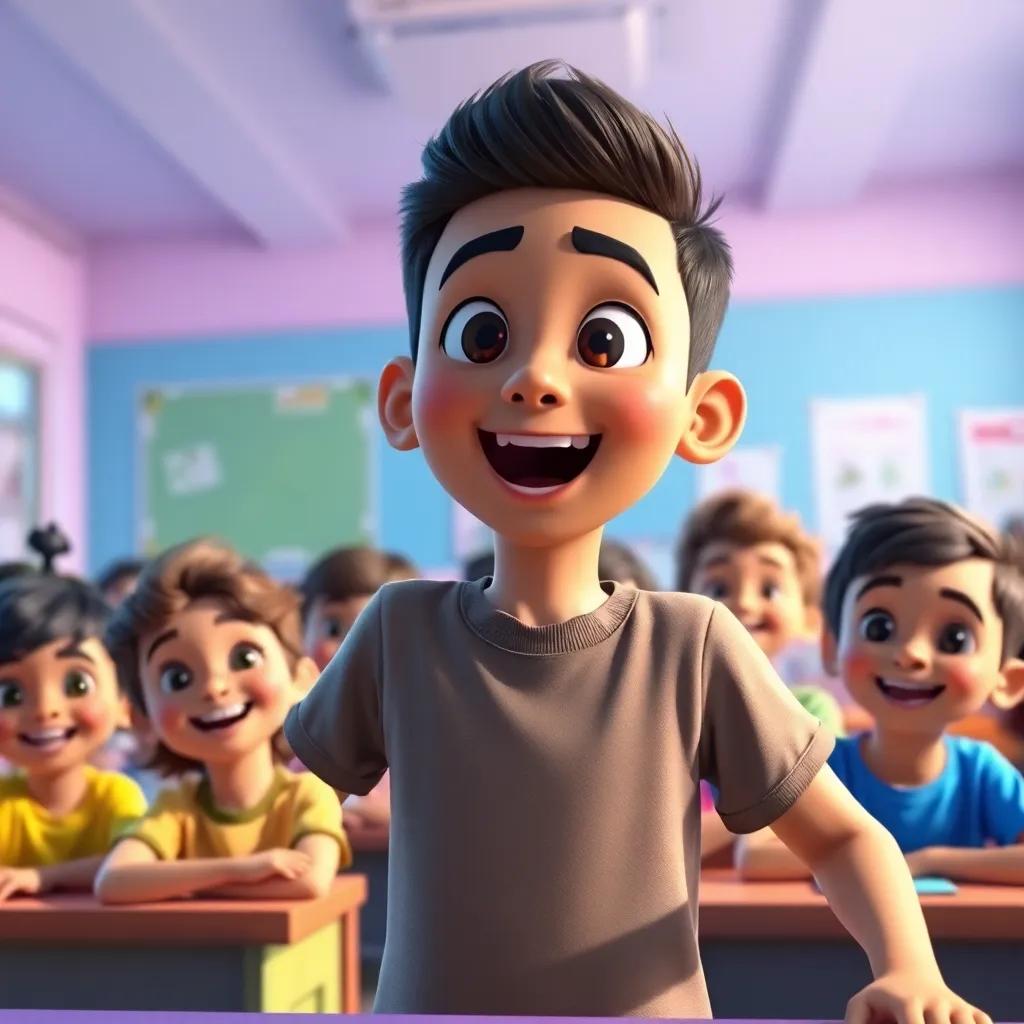 A boy named Ahmed excitedly saying 'عصفور' in a vibrant class, kids listening attentively, happy expressions, bright digital art, beautiful details