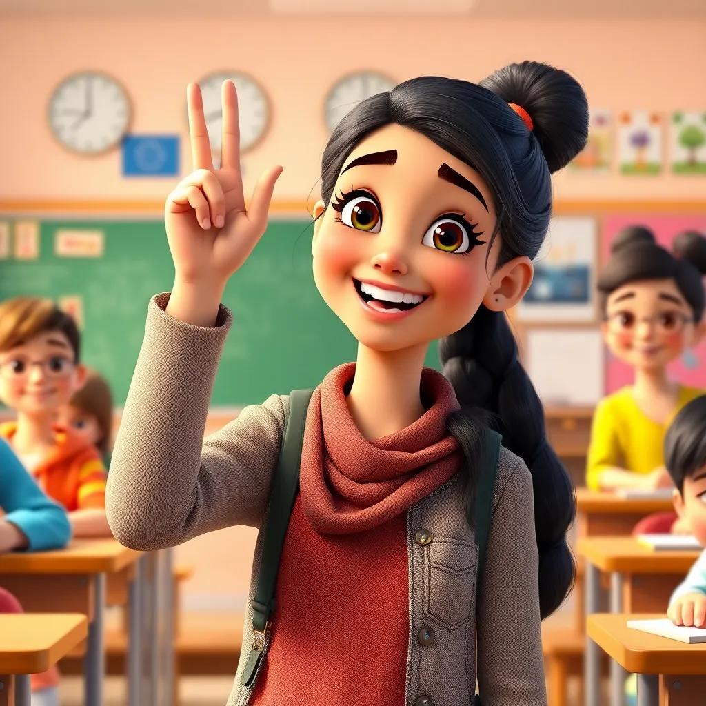 A girl named Leila holding her hand up confidently, smiling and speaking out loud, diverse classroom, fun and lively environment, high quality