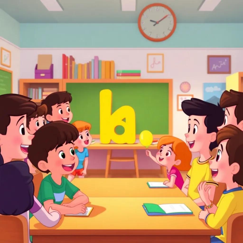 A classroom filled with kids sharing words that start with the letter 'ع', animated conversation, learning environment, bright colors, cheerful atmosphere