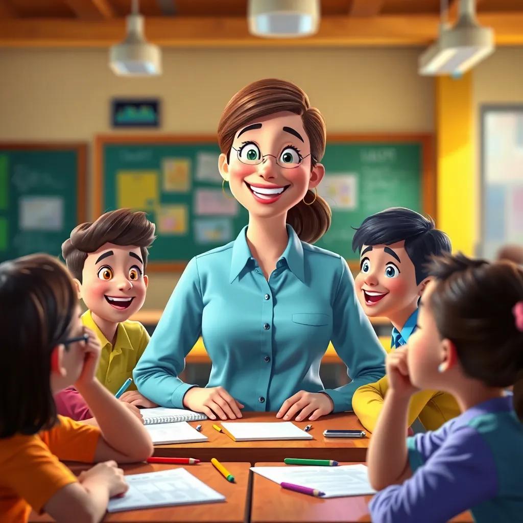 A teacher smiling proudly as the students share their thoughts, with pencils and papers on their desks, colorful classroom, energetic vibe, digital painting