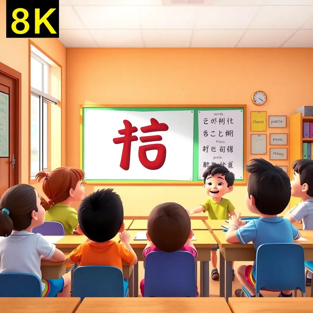 A classroom scene where children are happily discussing words they learned, a big poster of the letter ‘ع’ on the wall, bright and colorful, engaging setting
