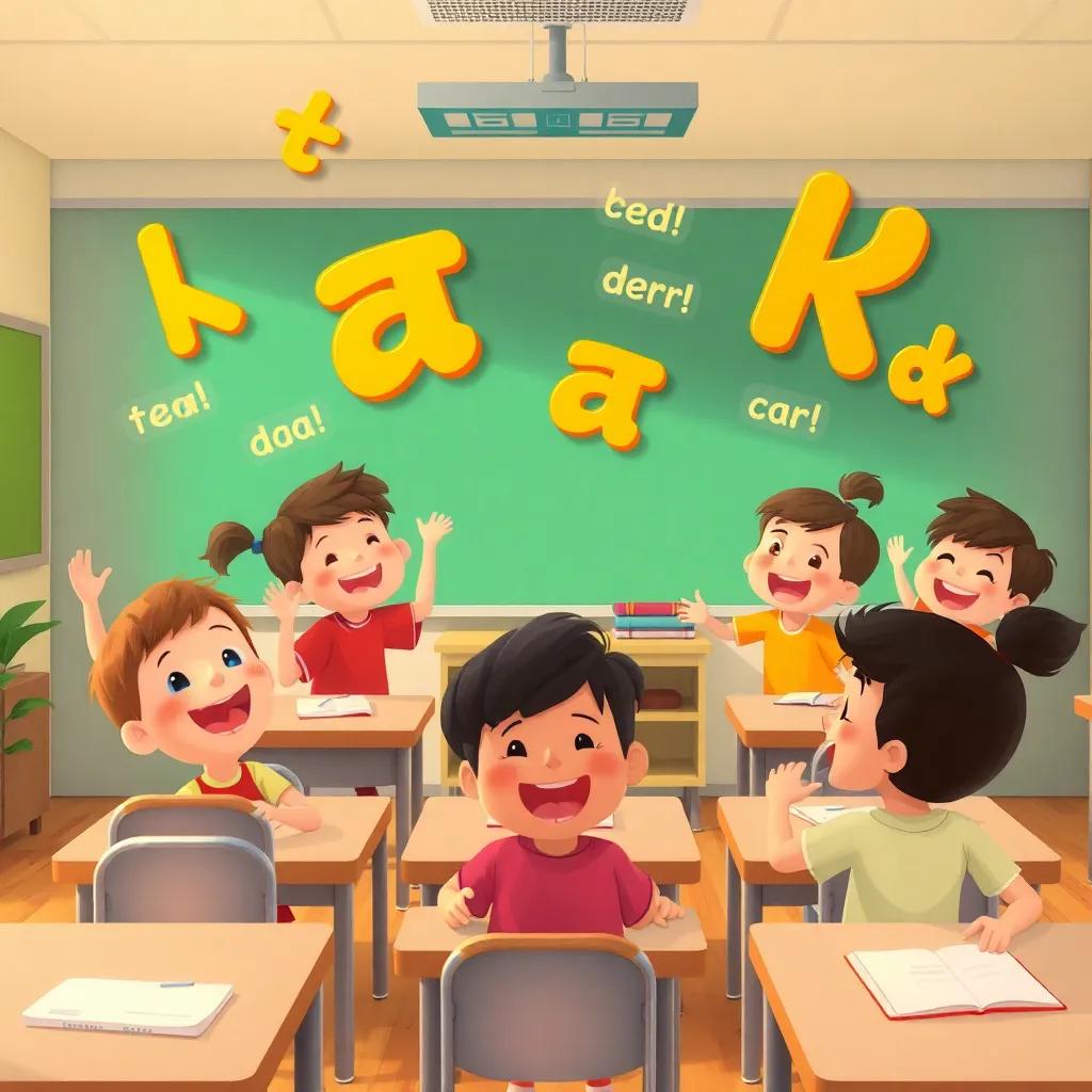 A lively classroom with kids playing and laughing, words floating in the air that start with the letter ‘ع’, joyful scene, heartwarming