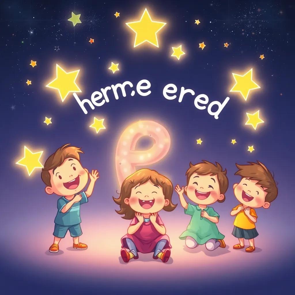 A beautiful drawing of kids happily remembering words around the letter ‘ع’ with stars and light surrounding them, cheerful, magical atmosphere