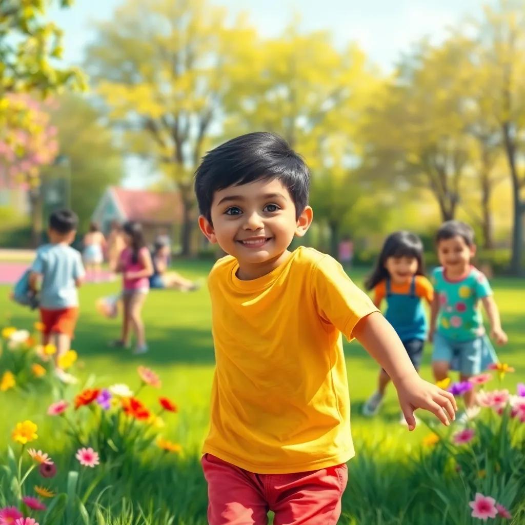 A young Arab boy, Hassan, with short black hair, wearing a bright t-shirt and shorts, playing in a sunny park with friends, surrounded by green grass and colorful flowers, digital art, cheerful theme, vibrant colors, warm light, high quality