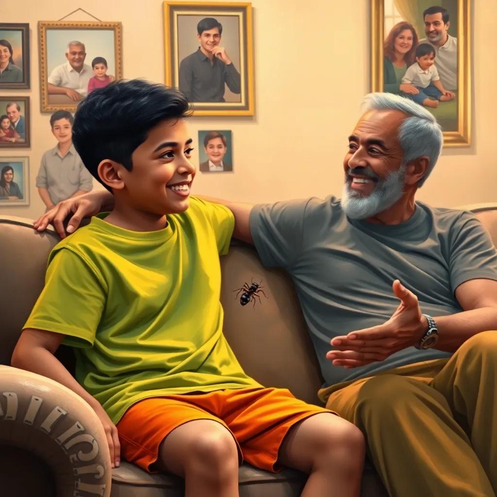 A young Arab boy, Hassan, with short black hair, wearing a bright t-shirt and shorts, sitting on a couch with his father, who has a warm smile, talking about ants with a background of family pictures, digital art, cozy atmosphere, warm colors, family scene, high quality