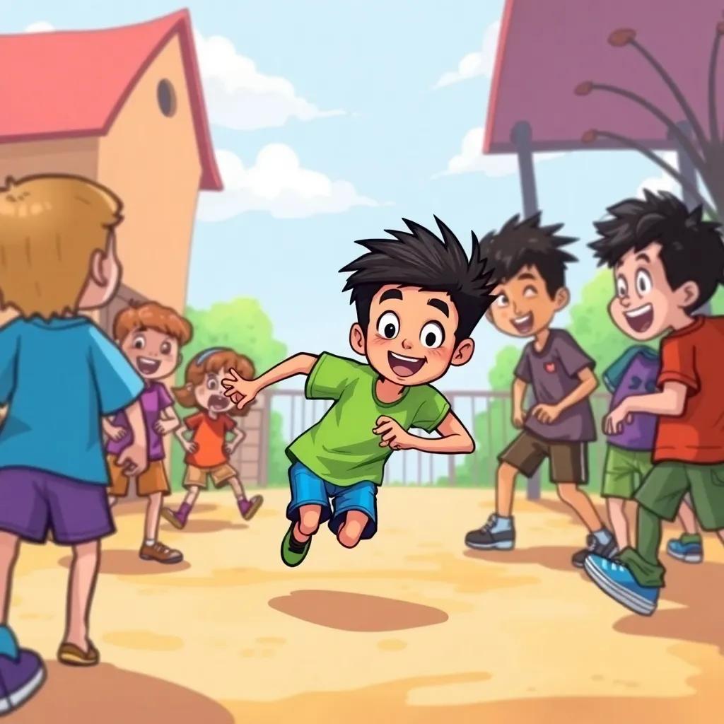 A brave boy named Hassan, with short black hair, wearing a green t-shirt and blue shorts, running towards a group of mean-looking kids on a playground, vibrant colors, cheerful atmosphere, action-packed scene