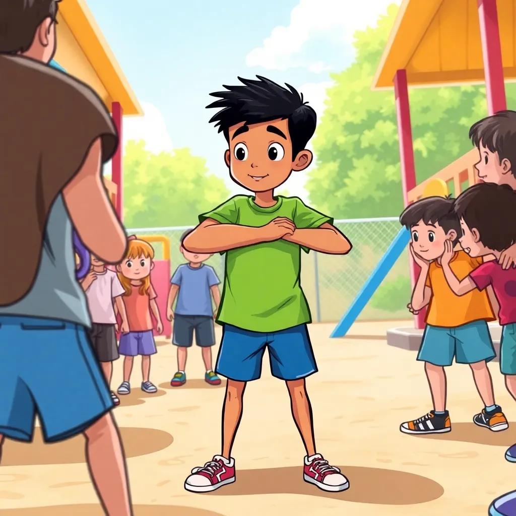 Hassan, a brave boy with short black hair in a green t-shirt and blue shorts, confidently confronting the bullies while children are watching, colorful playground setting, heroic vibe, bright day