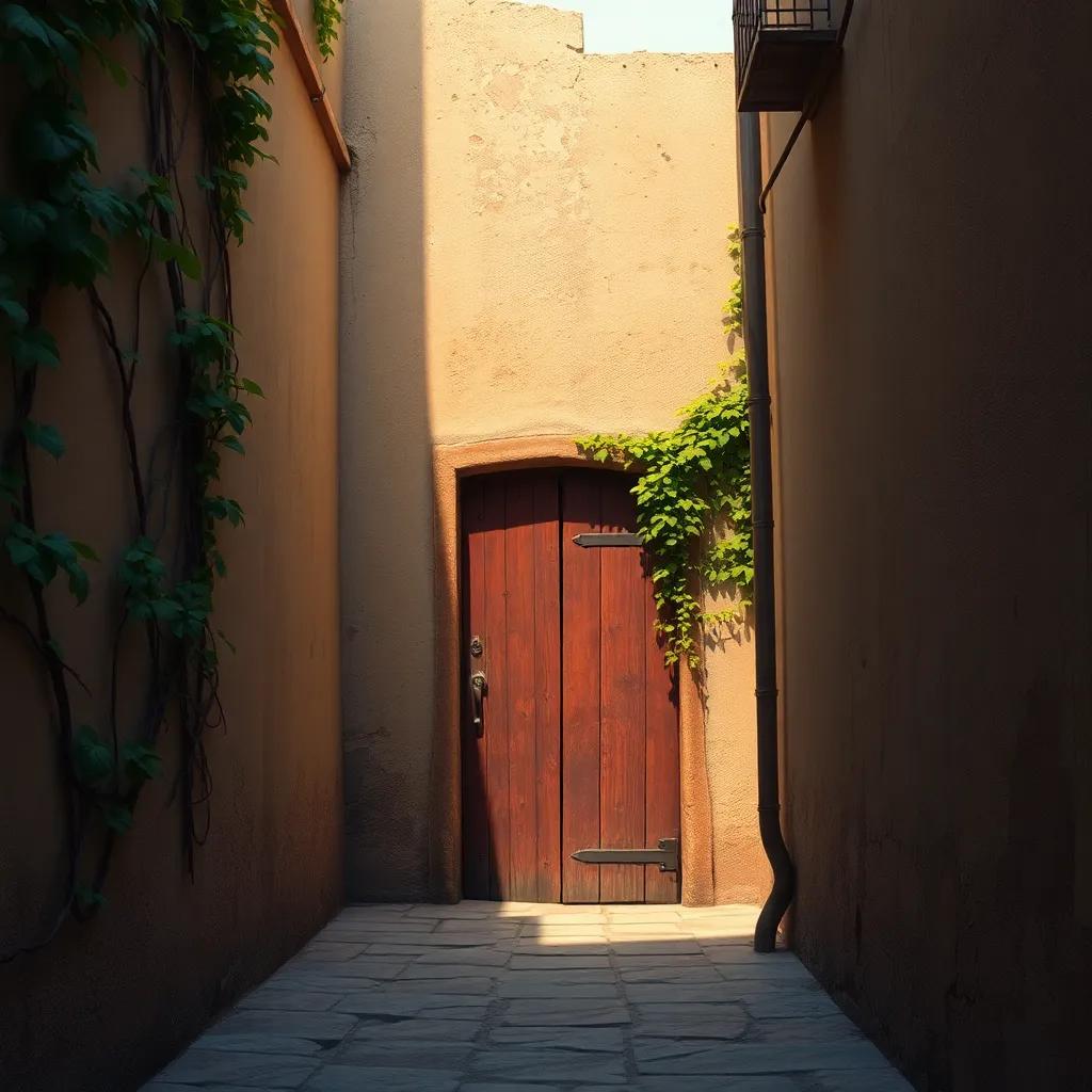 A narrow alley with an ancient wooden door, overgrown with ivy and peeling paint, capturing a sense of mystery and adventure, digital art, warm colors, enchanting atmosphere, high quality