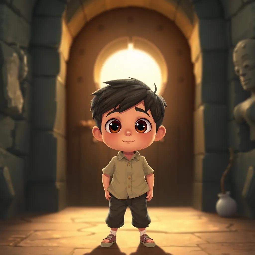 A brave young boy, Hassan, with short dark hair wearing a simple shirt and pants, standing before the ancient door with wide eyes, filled with wonder and excitement, illustration, adventurous, child-friendly, warm light