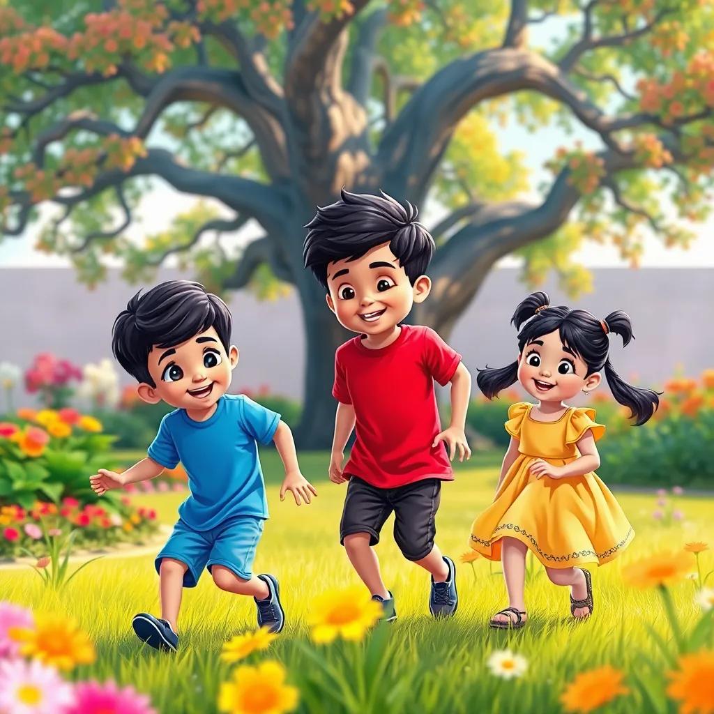 Three children playing in a garden, Hassan, a young Arab boy with short black hair, wearing a blue shirt and shorts, Wadian, a slightly older Arab boy with dark curly hair in a red t-shirt, and Arjwan, a small Arab girl with long hair in pigtails, wearing a yellow dress, colorful flowers and a big tree in the background, digital art, vibrant colors, cheerful atmosphere, high quality