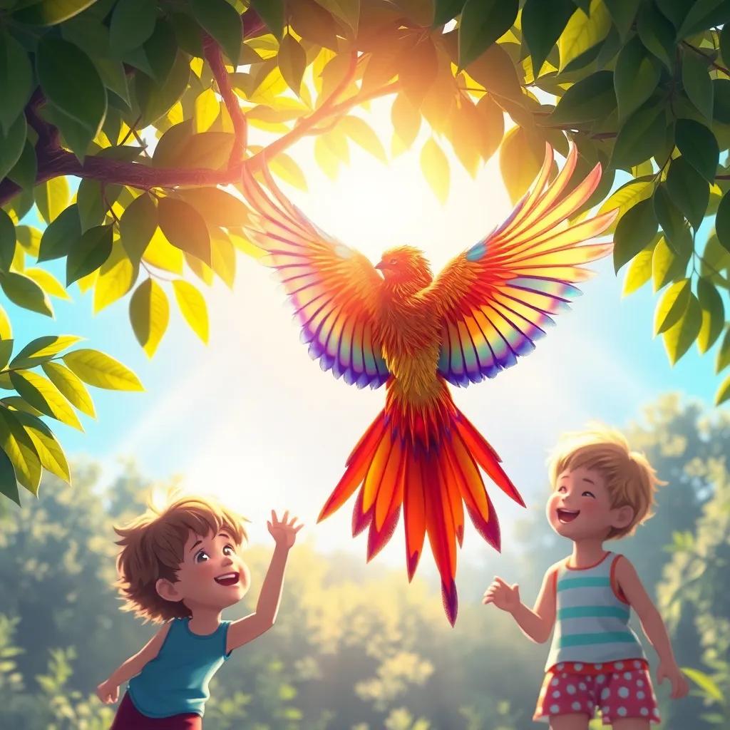 A colorful bird, Zari, with bright feathers flying out from a tree, surrounded by the teasing sunlight filtering through the leaves, connecting with three kids playing, lively, bright colors, inviting view, joyful scenery, high quality