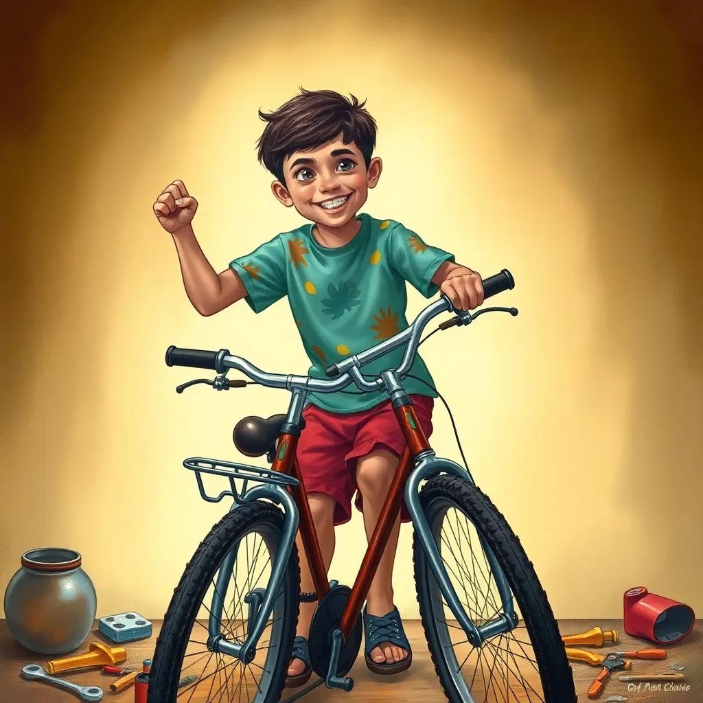 A young Arab boy named Hassan, 8 years old, wearing a colorful t-shirt and shorts, working on a bicycle with tools scattered around him, cheerful atmosphere, detailed illustration, warm colors, focus on Hassan's excitement.