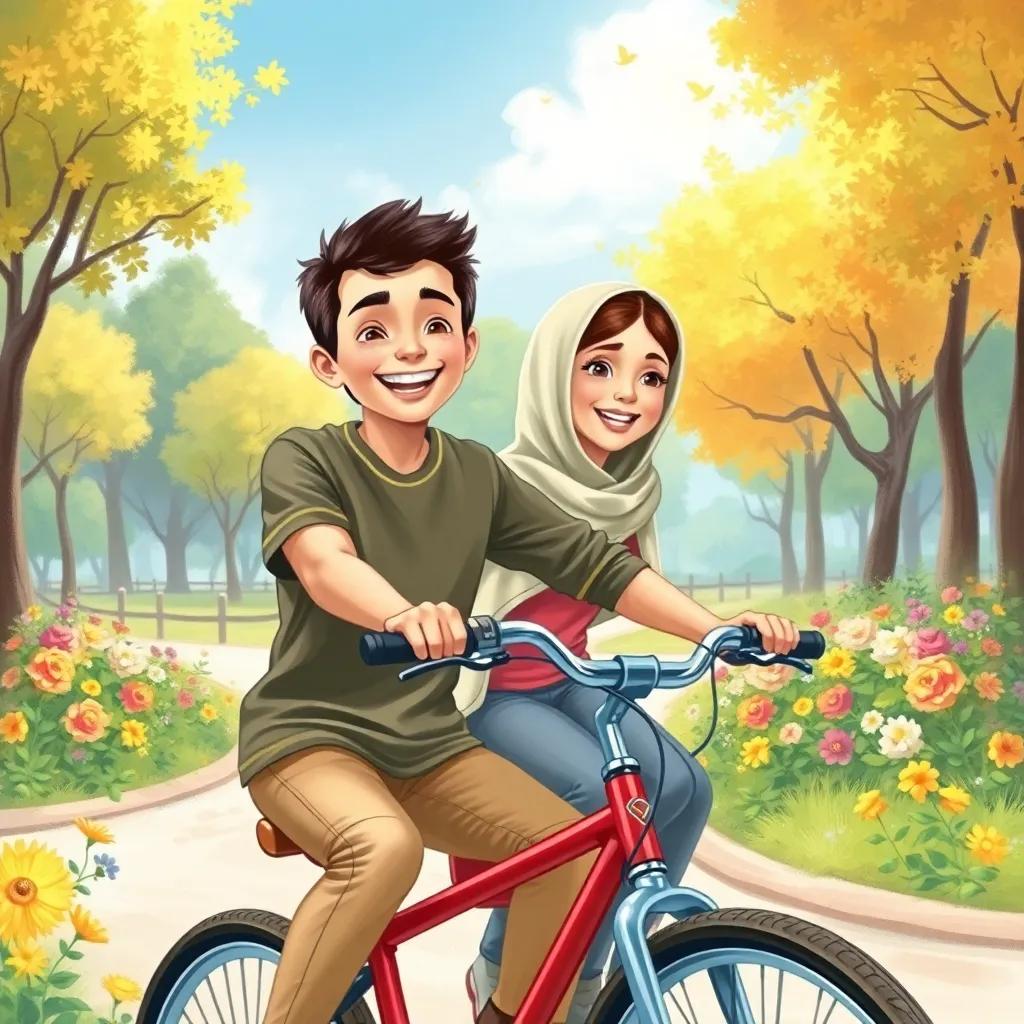 Hassan, a young Arab boy, smiling with his sister Zahra on a bicycle, riding together in a sunny park full of flowers and trees, vibrant colors, cheerful expression, illustration with joy and adventure theme.