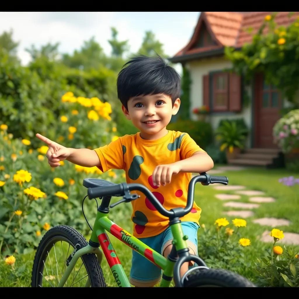 A five-year-old boy, Hussein, with black hair and wearing a colorful t-shirt and shorts, excitedly pointing at his bicycle in a green garden with yellow flowers and a quaint cottage in the background, digital art, vibrant colors, cheerful atmosphere, high quality