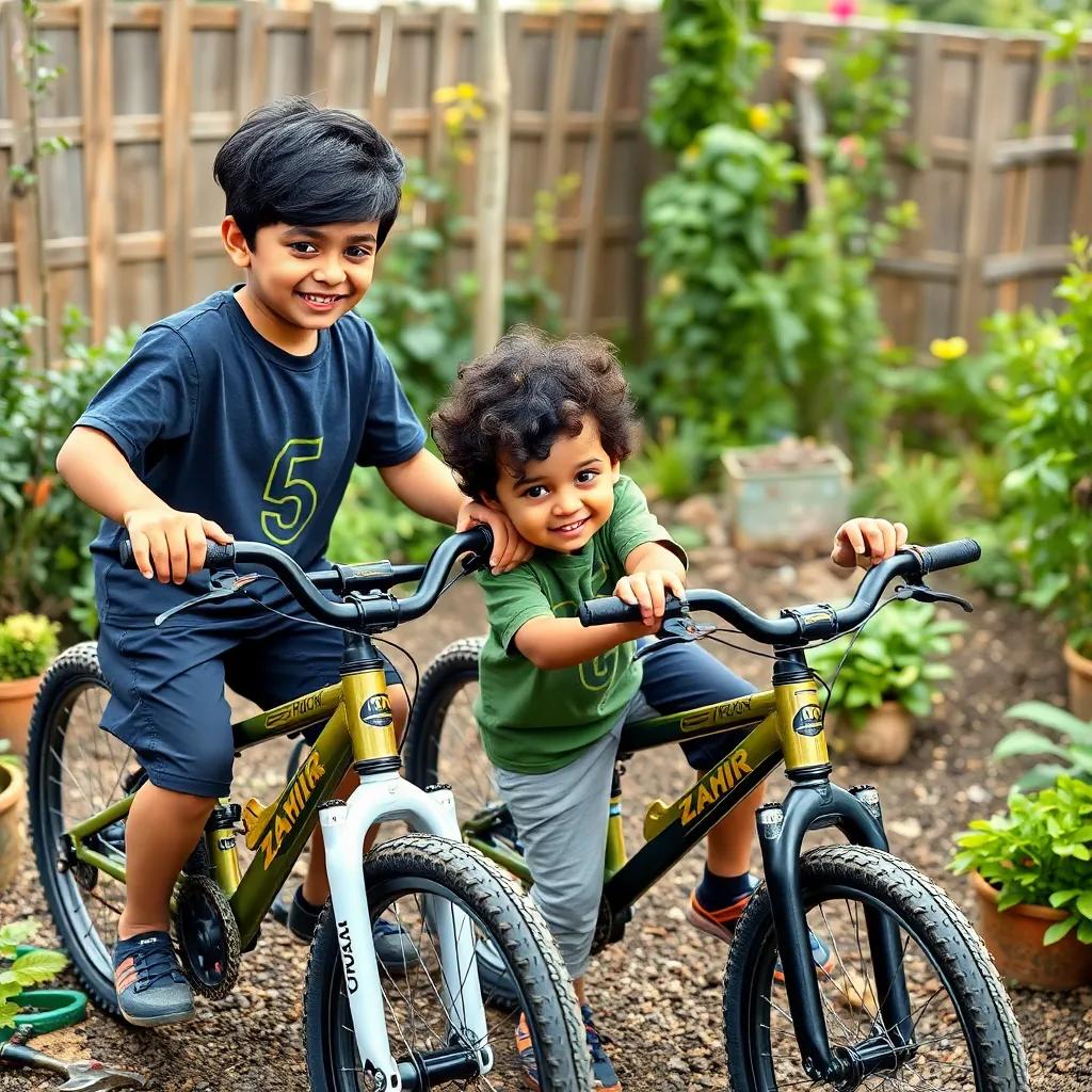 Hussein and Zahir, both five-year-olds with black hair wearing matching t-shirts, working together on their bicycles in a garden, surrounded by playful three-year-old Zahir who has curly hair and wearing a smaller t-shirt, tools scattered around them, fun and lively, child-friendly atmosphere, high quality