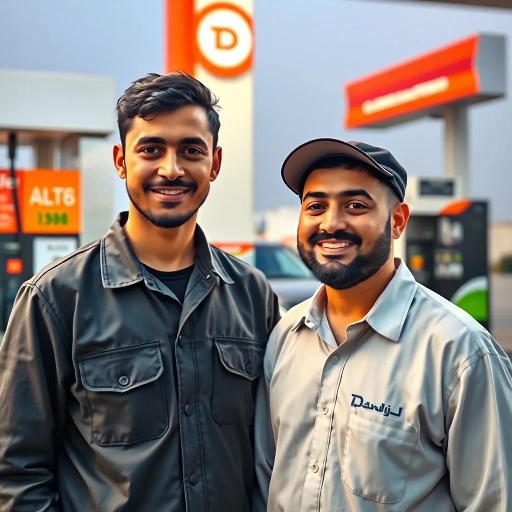 A young Arab man, Hamdan, with short black hair, wearing a work uniform and a cap, standing next to his friend Sami at a fuel station, surrounded by fuel pumps and vehicles, friendly interaction, warm colors, engaging scene, high quality
