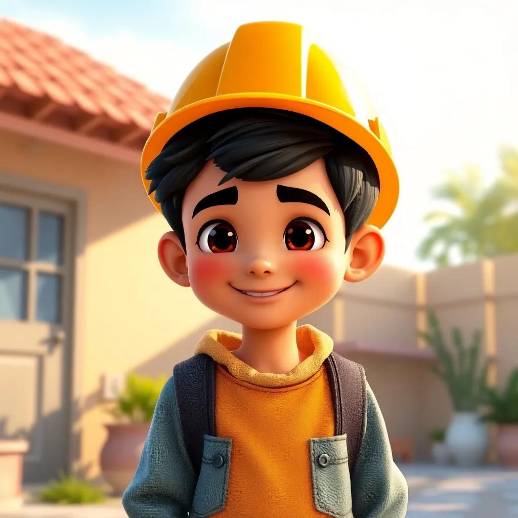A young Arab boy, Hamad, with short black hair wearing a construction hat and casual clothes, smiling under the bright sun, starting his adventure outside his cozy home, digital art, vibrant colors, cheerful atmosphere, high quality