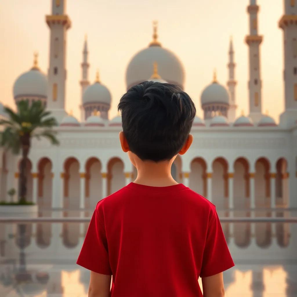 A young Arab boy, Hamad, with short black hair wearing a red t-shirt, admiring the beautiful Imam Muhammad bin Abdul Wahhab Mosque in Doha, with tall minarets and intricate designs, digital art, warm colors, peaceful setting, high quality