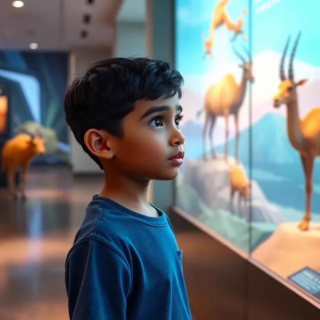 A young Arab boy, Hamad, with short black hair wearing a blue shirt, fascinated by displays of desert animals like the Oryx and camel inside Qatar National Museum, engaging with the exhibits, digital art, colorful, educational environment, high quality