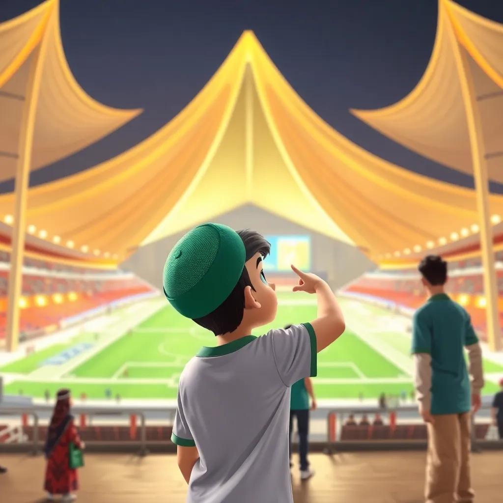 A young Arab boy, Hamad, with short black hair wearing a green cap, standing outside the Al Bayt Stadium, inspired by its tent-like design, excitedly pointing at it with his friends, digital art, bright colors, energetic atmosphere, high quality