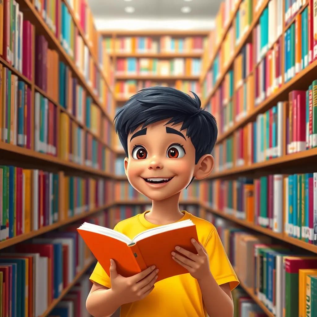 A young Arab boy, Hamad, with short black hair wearing a yellow shirt, joyfully exploring the Qatar National Library, surrounded by shelves filled with colorful books, smiling and reading, digital art, inviting colors, warm ambiance, high quality