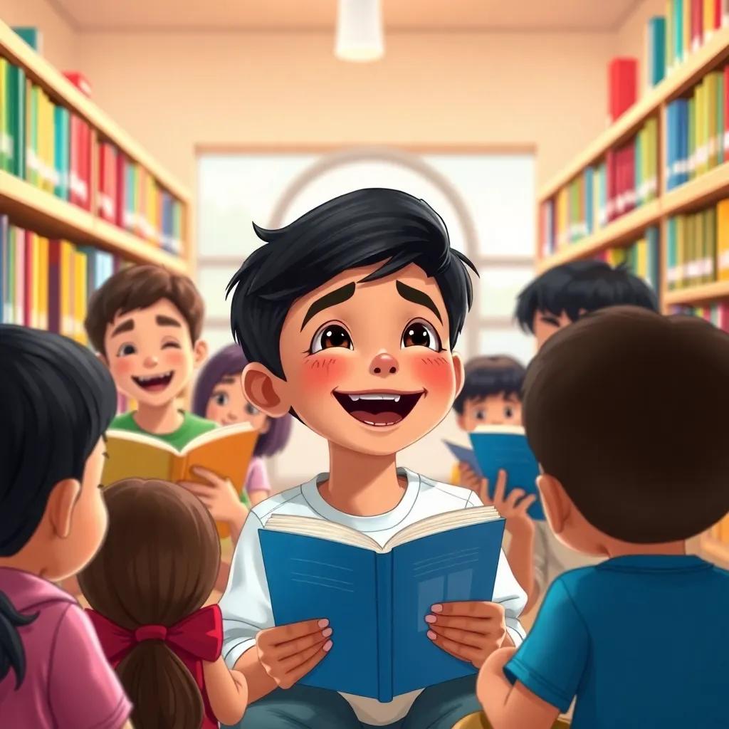 A young Arab boy, Hamad, with short black hair, laughing with his friends in the library, surrounded by books, enjoying story time, digital art, bright colors, playful scene, high quality