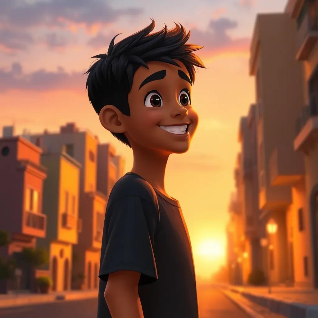 A young Arab boy, Hamad, with short black hair, walking back home under the evening sky, reflecting on his day with a bright smile, buildings around him glowing in the sunset, digital art, warm hues, serene environment, high quality