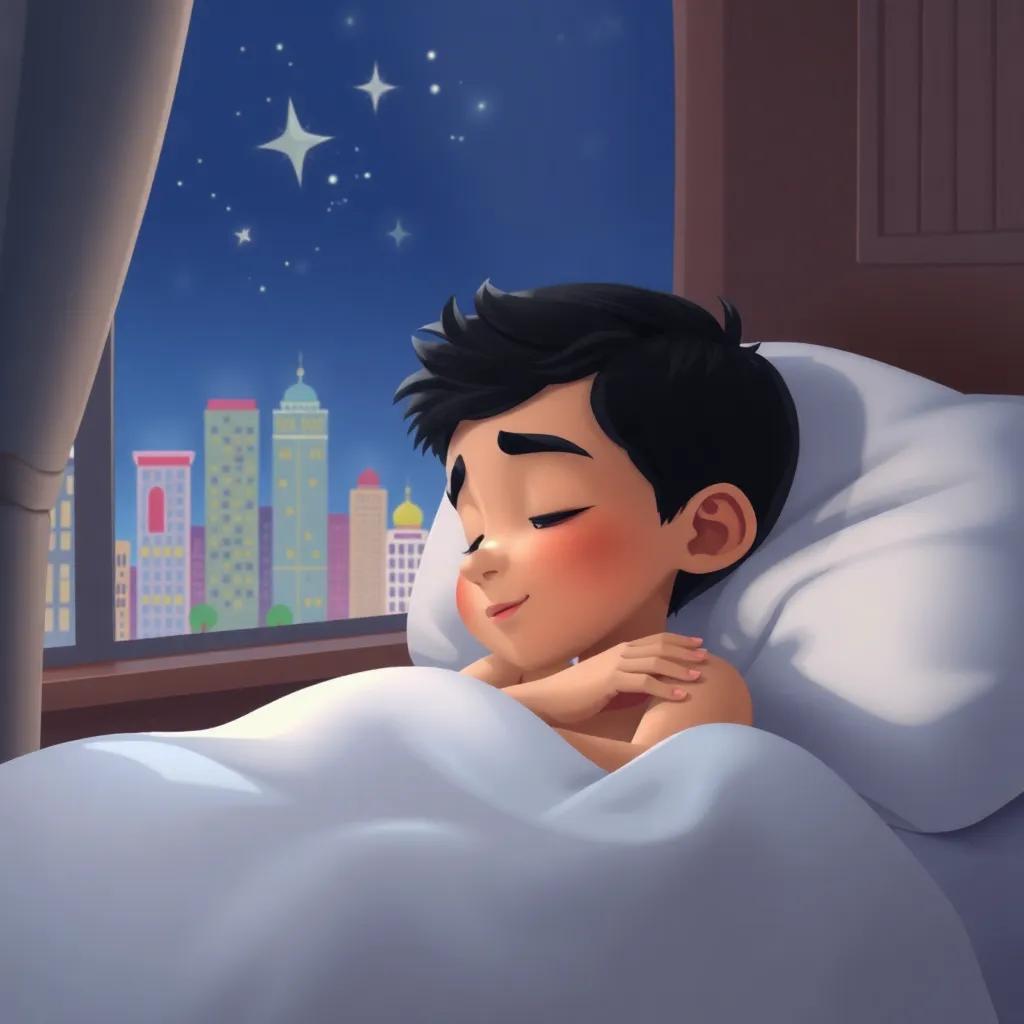 A young Arab boy, Hamad, with short black hair, sleeping peacefully in his bed, dreaming of building designs and colorful cities, stars twinkling outside his window, digital art, soft colors, dreamy atmosphere, high quality