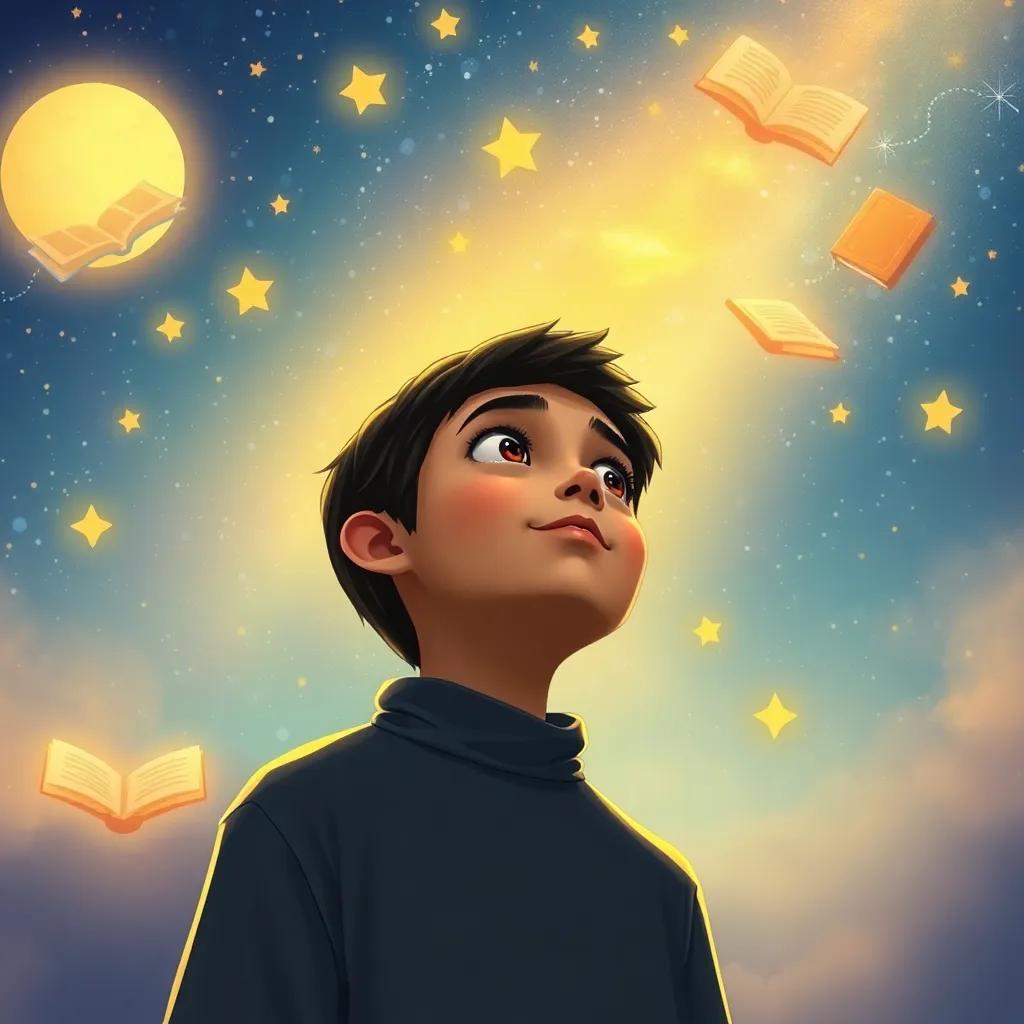 A young Arab boy, Hamad, with short black hair, looking up at the sky with wonder, thinking about the stories and adventures he wants to explore, surrounded by illustrations of stars and books in his mind, digital art, whimsical colors, imaginative view, high quality