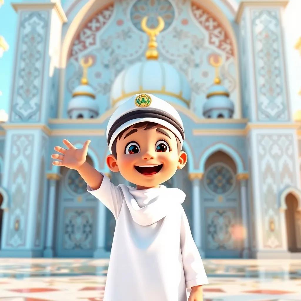 A cheerful young Qatari boy, Hamad, wearing a traditional Qatari thobe and engineer's hat, excitedly standing in front of a beautiful mosque with intricate designs, vibrant colors, daylight, child-friendly, high quality