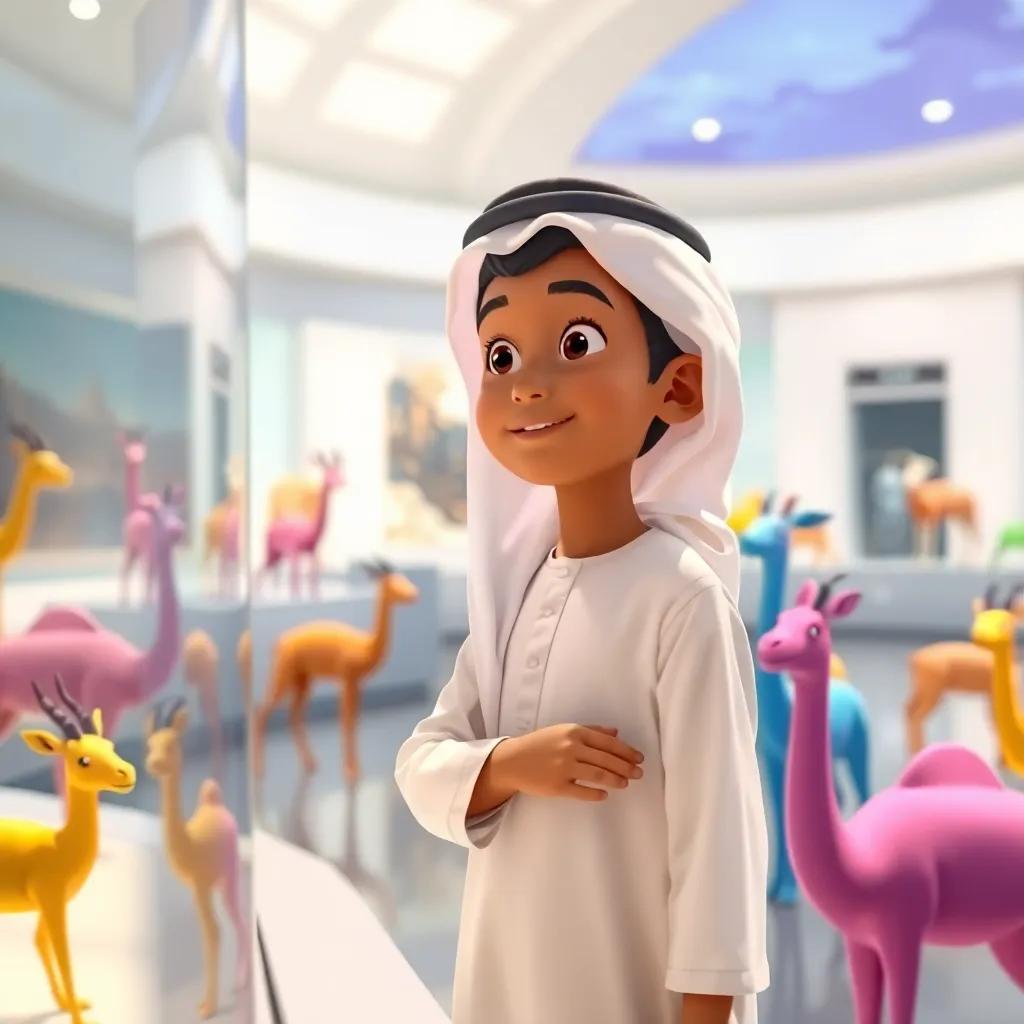 Hamad, a young Qatari boy in his traditional thobe, mesmerized by the exhibits in the Qatar National Museum, surrounded by colorful models of desert animals like gazelles and camels, engaging atmosphere, vibrant details, cheerful art style