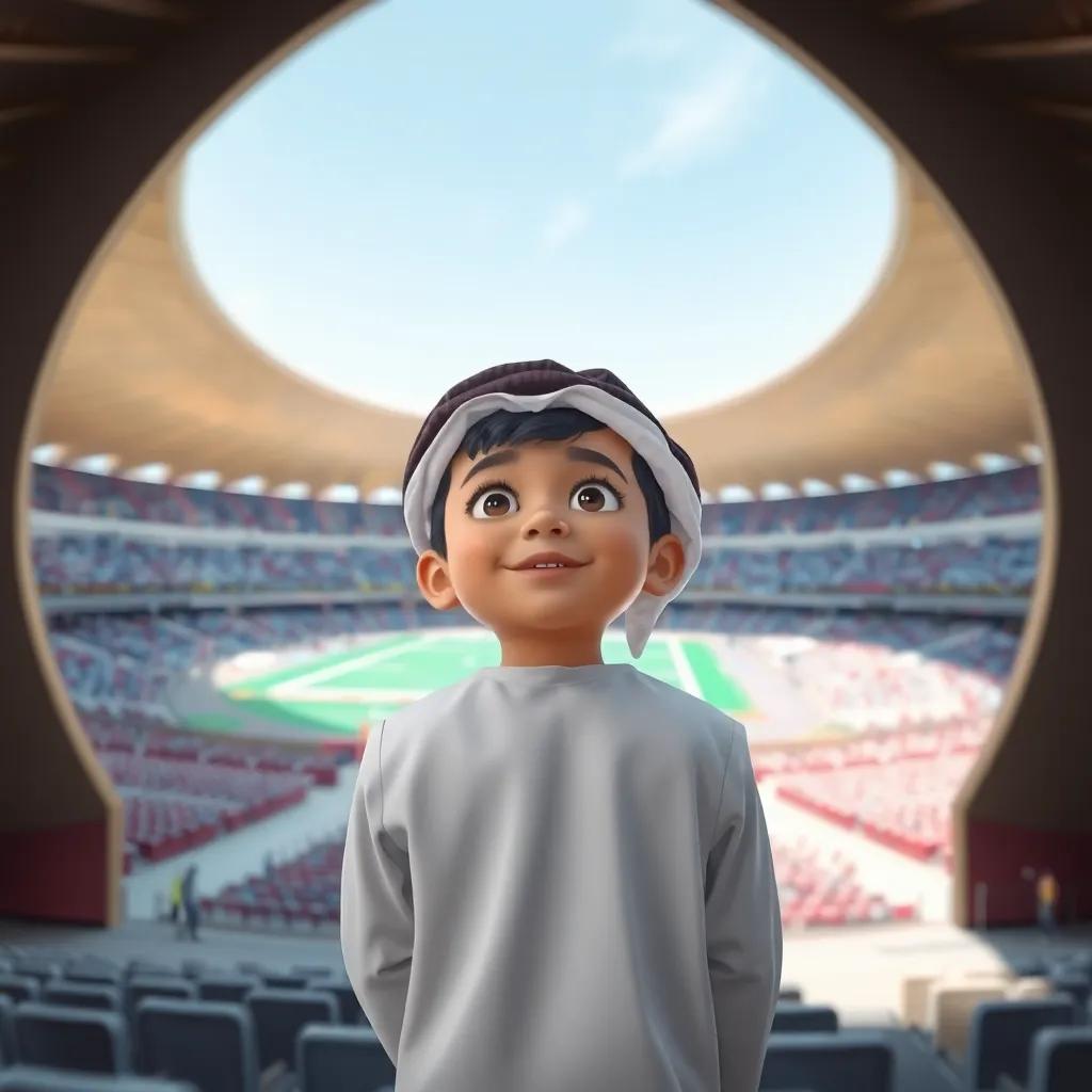 Hamad, a young Qatari boy in a traditional thobe, looking excited while watching a soccer match in the unique design of Al Bayt Stadium, inspired by a traditional Qatari tent, bright blue sky, fun perspective, high-quality children's art