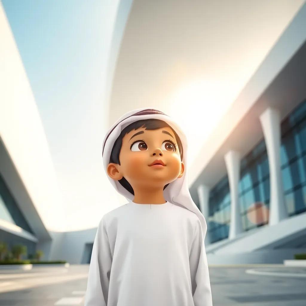 A young Qatari boy, Hamad, in his thobe, amazed by the modern design of Sidra Medicine Hospital, symbolizing hope and healing, with sunlight shining, bright colors, inspiring composition, child-friendly