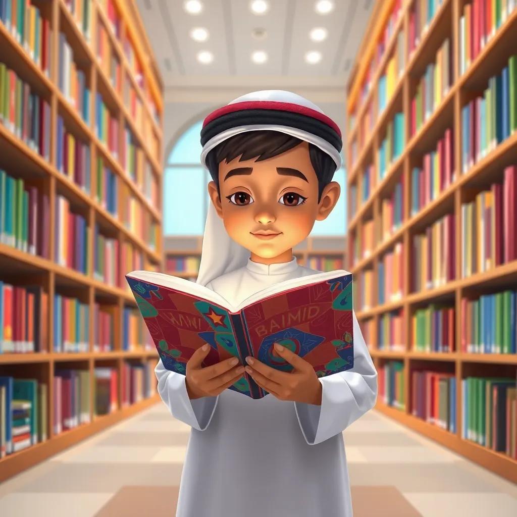 Hamad, a young Qatari boy in his traditional thobe, immersed in reading a colorful book in the Qatar National Library, surrounded by numerous shelves filled with various books, bright and inviting atmosphere, high-quality illustration