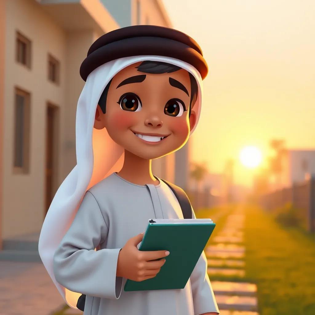 Hamad, a young Qatari boy in his traditional thobe, smiling while walking back home with a notebook, the sunset in the background casting a warm glow, cheerful and vibrant, child-friendly