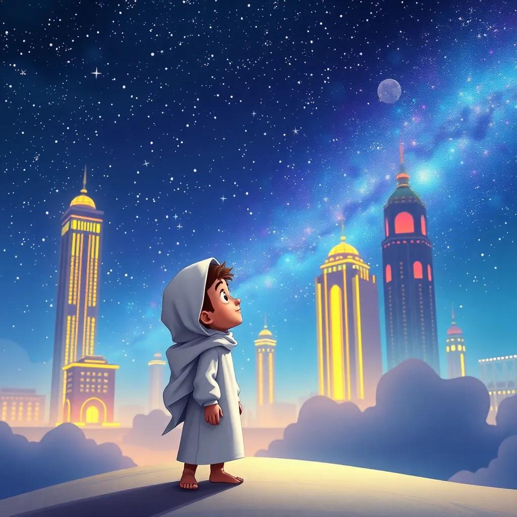 A dreamy scene of Hamad, a young Qatari boy in his thobe, imagining buildings as heroes in a starry night sky, magical and colorful, vibrant imagination, high-quality illustration