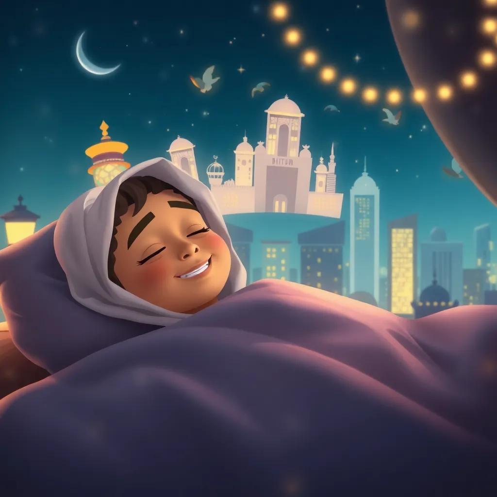 A cozy night scene of Hamad, a young Qatari boy in his thobe, peacefully sleeping with a smile, dreams full of Qatari buildings glowing in his mind, soft colors and warm light, inviting atmosphere